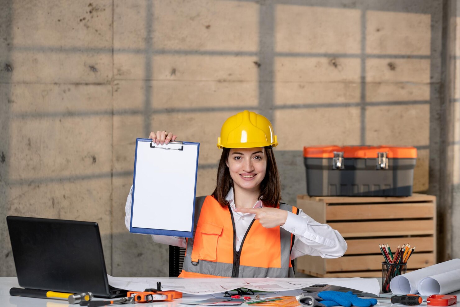 ingeniero lindo joven inteligente morena chica trabajador civil casco chaleco proyecto 140725 167626
